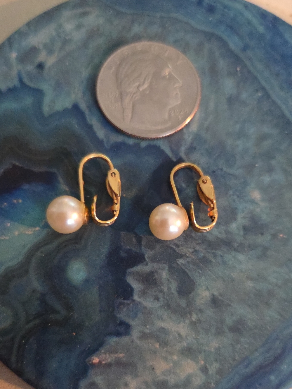Gold Pearl Drop Leverback Earrings - White Pearl - Picture 2 of 3
